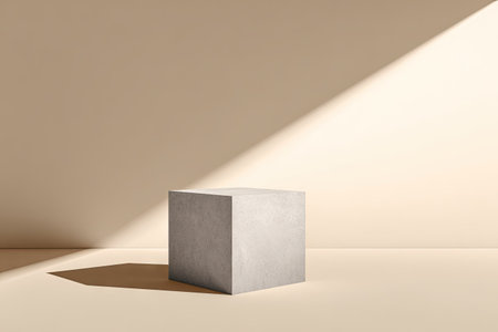 A single, textured cube rests on a neutral surface, illuminated by a diagonal beam of sunlight. The composition features clean lines and a minimalist aesthetic with soft shadows. Suitable for visual presentations and product showcases, the image provides a contemporary backdrop for design and commercial projects.の素材