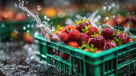 This image features a vibrant display of fresh strawberries nestled within green crates. Water splashes dramatically, adding visual interest. The composition, lit by a soft light, highlights the textures and colors of the fruit. This photograph is suitable for promotional materials, editorial content, and various design projects.の素材