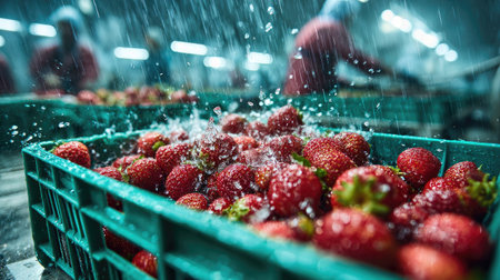 Bright red strawberries fill green plastic crates under a shower of water. The close-up view highlights the fruit's texture and color, set against a blurred background of workers and machinery. The scene is bathed in cool, natural light suggesting an industrial or commercial environment, suitable for various editorial and marketing purposes.の素材
