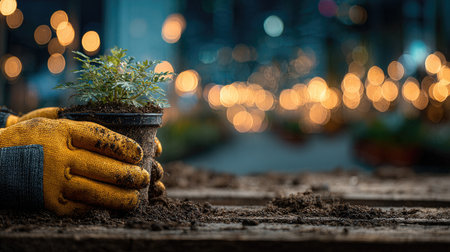 A gardener's gloved hands cradle a potted plant against a blurred background of lights. The image displays a shallow depth of field, with soft focus on the plant and soil. It features warm tones from the gloves and lights, suggesting outdoor activity and potential use for gardening or environmental themes.の素材
