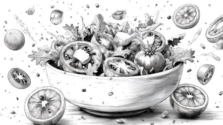 This black and white illustration depicts a salad bowl filled with tomatoes, lettuce, and other ingredients. The composition includes floating elements, suggesting motion and freshness. The image uses a clean, graphic style with high contrast, ideal for various culinary and healthy lifestyle projects, suitable for both editorial and commercial purposes.の素材