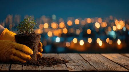 A pair of gloved hands carefully hold a small potted plant against a backdrop of blurred lights. The image features a shallow depth of field, with the plant in sharp focus. Warm tones of the gloves and plant contrast with the cooler tones of the background. Suitable for illustrating gardening or environmental concepts.の素材