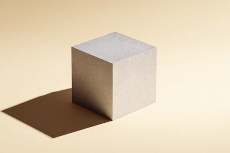 A single geometric cube casts a shadow on a light beige backdrop. The composition features a clean, minimalist style with soft lighting highlighting the object's form. It presents a simple, graphic design with a subtle texture suitable for a variety of visual applications.の素材