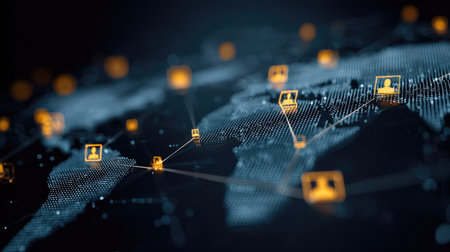 This image depicts a network connecting users globally. Featuring a world map background, it uses vibrant orange and blue tones. The composition is a digital illustration showing linked icons. Its visual style has a futuristic feel. Suitable for depicting technology, communication, and global networking topics, this image has commercial applications.の素材