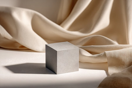 A minimalist composition features a geometric cube juxtaposed with draped fabric. The image displays soft beige tones, with the cube casting a shadow on the surface. The style suggests a studio setting, emphasizing texture and form, potentially suited for commercial projects and design applications.の素材