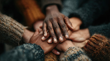Diverse hands come together in a display of unity. The image features various skin tones, textures, and clothing, suggesting collaboration. The warm colors and shallow depth of field create a sense of intimacy. Ideal for illustrating community, support, or partnership themes in various applications.の素材