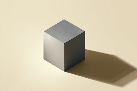 A gray cube is positioned on a yellowish background, casting a distinct shadow. The image showcases simple geometric forms. The composition, lit by overhead lighting, has a clean, minimalist style. This visual could be used in design, advertising, or educational materials to illustrate concepts.の素材