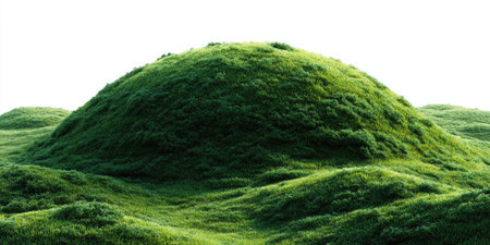 A close-up captures lush green hills with rich textures, creating a sense of depth and tranquility. The landscape showcases dense vegetation under bright lighting, possibly suggesting a sunny day in a natural environment. The image is suitable for various commercial uses related to nature and environment.の素材