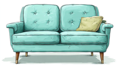 An illustration features a teal-colored sofa with a contrasting yellow cushion. The drawing style presents a clean, simple aesthetic with visible lines, possibly created digitally. The sofa is isolated against a white backdrop, indicating a studio environment. This image could be used for various design, advertising, or educational purposes.の素材