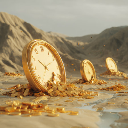 An image presents multiple golden clocks partially submerged in a sandy terrain. The composition emphasizes the passage of time through the visual metaphor. Warm colors dominate the scene, possibly suggesting a desert environment. This artwork may be suitable for illustrating themes related to finance or temporal concepts.の素材