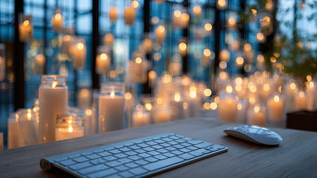 A close-up view displays a keyboard and mouse placed on a wooden surface. The background features a multitude of softly glowing candles, creating a warm, ambient light. The composition highlights a working setup against a blurred, out-of-focus backdrop. This image could be suitable for various commercial uses, illustrating concepts of ambiance and digital work.の素材