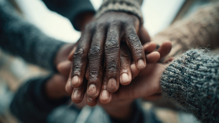 An image portrays diverse hands joined together, forming a pile. The composition emphasizes textures and tones, with skin colors contrasting. The lighting appears natural. This image could be used in various commercial applications promoting collaboration, support, or community. The image showcases a sense of togetherness and collective effort.の素材