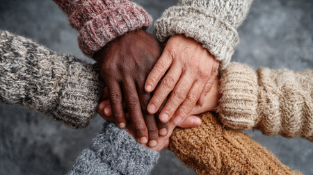 This image presents hands of diverse skin tones clasped together. The composition highlights a central gathering, emphasizing connection and collaboration. Warm tones are visible, with varying textures from the clothing, creating a sense of closeness. It can be used for promotional material or represent a team.の素材