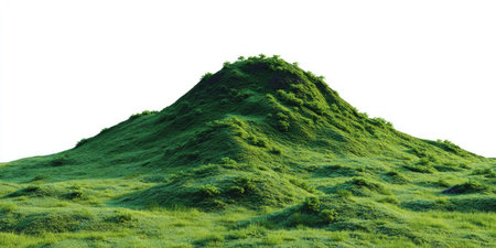 This image features a vibrant green hill set against a clean white backdrop. The lush vegetation creates a textured surface, showcasing variations in color and form. Suitable for commercial projects, this image could be used to represent natural environments or concepts like growth and sustainability.の素材