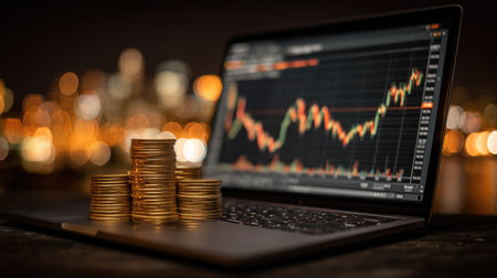A laptop screen showcases financial data and charts alongside a stack of gold coins. The image features a shallow depth of field, with soft bokeh lights in the background suggesting a night setting. This visual combination may be suitable for illustrating concepts related to investment, finance, or economic analysis.の素材
