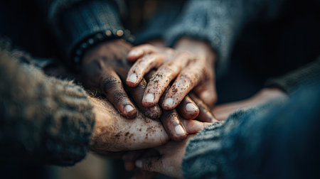 This image depicts multiple hands joined together in a display of solidarity and cooperation. The composition showcases a close-up perspective with a focus on textures and tones. The hands appear to be a mix of diverse skin tones. It could be used for illustrating teamwork, support, or the concept of unity.の素材