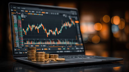 A laptop computer showcases financial data and price movements, paired with stacks of coins. The scene features shallow depth of field, with soft lighting and a blurred bokeh background. This image is potentially suitable for content related to finance, business analysis, and investment strategies, with versatile use cases.の素材