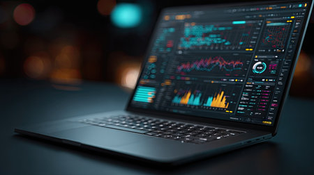 A laptop computer displays a complex data analysis interface, showcasing colorful graphs and charts. The image features a modern, tech-focused aesthetic with vibrant hues illuminating the screen. Suggesting a technological or business context, it could be suitable for articles related to data analysis or technology.の素材