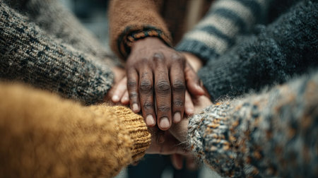 A close-up captures a diverse group of hands joined in a display of unity. The composition highlights textures of knitted sleeves in varied colors. Overhead lighting illuminates the scene, suggesting an indoor setting. Suitable for commercial applications, the image represents concepts like collaboration and cooperation.の素材
