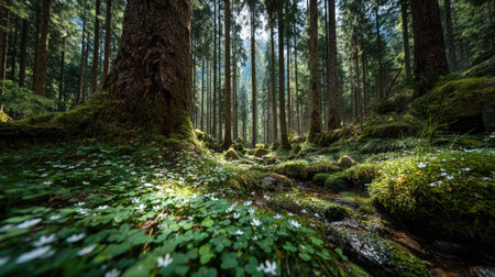 An overhead view reveals a dense forest, showcasing tall trees and vibrant foliage. Sunlight streams through the canopy, illuminating the forest floor. The image presents a rich texture with varying shades of green, suggesting a natural environment. Suitable for a variety of commercial and editorial applications.の素材