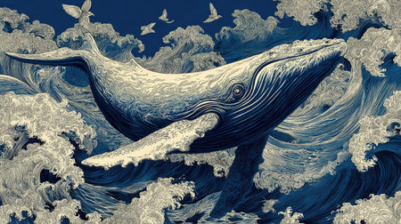 An artistic depiction presents a large whale emerging from stylized ocean waves under a sky with flying birds. The image uses shades of blue and white to create a textured effect. This graphic could be used for various projects, including editorial illustrations or commercial designs.の素材
