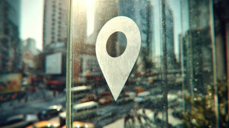 A close-up image features a white location marker icon on a transparent surface, with a blurred cityscape visible in the background. The scene showcases natural sunlight and a sense of depth through the out-of-focus elements. This image could be used for various projects related to travel, communication, or information.の素材