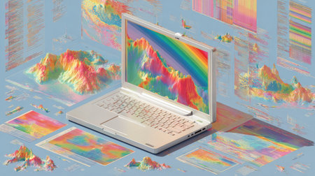 A modern laptop is the focal point, showcasing a vibrant, rainbow-hued mountain range against a soft blue background. Surrounding the laptop are multiple projections, enhancing the technological and creative composition. The scene uses soft lighting and pastel colors. Suitable for digital design, technology, or creative advertising.の素材
