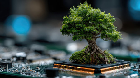 A small tree rests on a circuit board, blending organic and technological elements. The image exhibits a shallow depth of field, with soft focus in the background, drawing attention to the tree and chip. This conceptual image may be used in commercial contexts to represent sustainability, innovation, or the environment.の素材