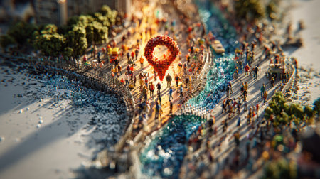 This image presents a miniature cityscape scene featuring numerous people, a river, and a large location marker. The composition uses an overhead view with soft lighting and a warm color palette. It has a high level of detail, making it suitable for editorial content, websites, and creative projects.の素材