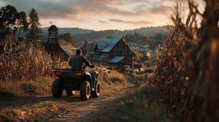A man rides an ATV down a dirt road, heading toward farm buildings. The scene displays warm colors of the sunset, creating a serene ambiance. Composition includes field of crops, buildings, and sky with soft lighting. Potential uses include promoting rural life, outdoor recreation, or agricultural themes.の素材