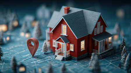 A miniature red house is placed on a map, featuring a prominent location pin. The image exhibits a whimsical style with selective focus. The composition includes miniature trees and houses, suggesting a model environment. It could be used in real estate advertising or conceptual designs relating to property and location.の素材