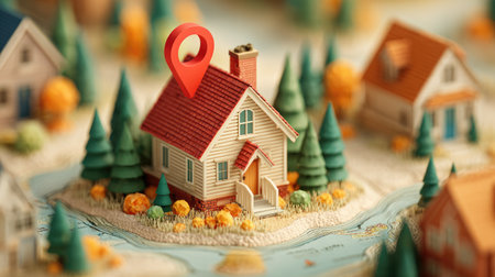 A detailed miniature house with a prominent red location marker stands center. The image showcases a stylized representation of a home in a natural environment, featuring small evergreen trees, water, and other houses. The overall aesthetic is whimsical with soft lighting, and it could be suited for illustrations, advertisements, and editorial content.の素材