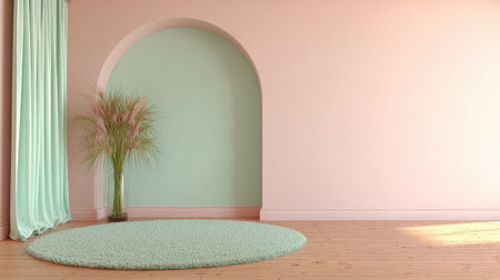 An interior space features an arched wall design, complemented by a soft green rug and curtains. The scene is illuminated by sunlight, highlighting the smooth textures and pastel colors of the walls. This image is suitable for advertising, design projects, and promotional materials.の素材
