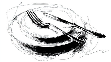 A grayscale illustration presents a plate with a fork and knife. The sketch-like style uses contrasting shades and textures. The composition employs overhead lighting to define the objects. It could be used for conceptual design, culinary themes, or creative projects, offering flexibility for various commercial uses.の素材