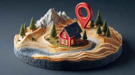 A miniature red house with a black roof sits on a circular land formation. The scene includes evergreen trees, mountain peaks, and a large, red location pin. The image uses a layered, textured style with a dark background. Suitable for conceptual illustrations related to real estate or location-based services.の素材