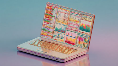 A close-up view depicts an open laptop showcasing various data visualizations and charts. The computer rests on a surface with a soft gradient backdrop. The visual presentation focuses on analytical data. This image could be useful for illustrating concepts related to finance or technology.の素材