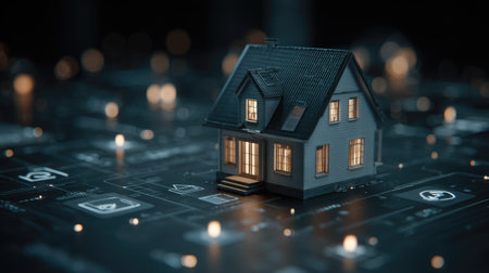 A small house model glows brightly against a dark, blurred background with digital design elements. The composition features soft lighting and bokeh effects suggesting a virtual or technological setting. This image may be suitable for illustrating concepts related to real estate, technology, and futuristic ideas. It could be used for various commercial or editorial purposes.の素材