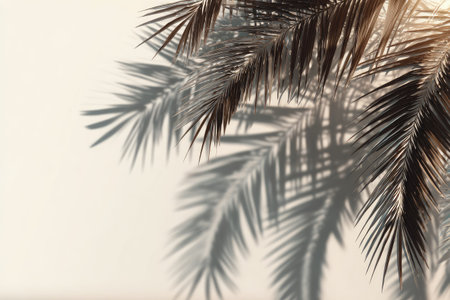 Palm fronds with their intricate details create shadows against a smooth, bright wall. The image displays a play of light and shadow, featuring warm tones. It could be used for various projects, including advertising campaigns, or as a decorative element for editorial content.の素材