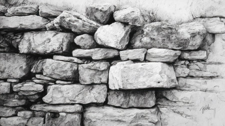 This image features a detailed monochrome rendering of a stone wall. The composition showcases the rugged texture and varied shapes of the stones. The lighting creates shadows and highlights, enhancing the three-dimensional effect. Suitable for use as a background in various projects, the image conveys a sense of history.の素材