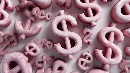 This overhead shot showcases numerous pink dollar signs arranged on a white surface. The symbols, rendered with a textured appearance, suggest a stylized or abstract representation. The lighting appears soft, possibly indicating an indoor studio setting. Suitable for financial, business, or conceptual projects, the image conveys wealth and economics.の素材