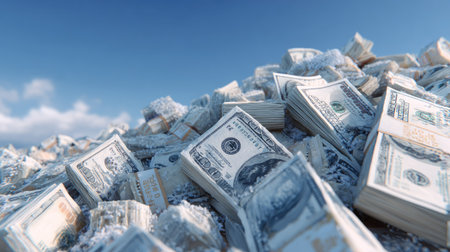 An image displays a large pile of bundled one hundred dollar bills against a blue sky. The bills exhibit crisp details and a clean, bright appearance, suggesting wealth and prosperity. The composition features a low angle and a bright, slightly overcast lighting. The image is suitable for various financial or economic illustrations.の素材