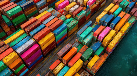 An overhead shot reveals a dense array of vibrantly colored shipping containers. The composition showcases a variety of colors and textures, suggesting a busy port environment. The image is suitable for illustrating concepts of international trade, logistics, and supply chain management for commercial and editorial purposes.の素材