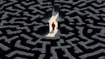 An individual walks out of a dark maze towards the light, symbolizing a path to a solution. The image features a grayscale palette with a focus on contrasting light and shadow. The composition highlights a person's journey. It can be used for various commercial or editorial uses, such as illustrating problem-solving or overcoming challenges.の素材