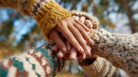 A close-up captures hands stacked together, symbolizing unity. Soft lighting highlights textured knitwear. The composition suggests collaboration and support. The image could be used for illustrating teamwork or human connection. Neutral backgrounds emphasize the subject. Its adaptable for various visual projects.の素材