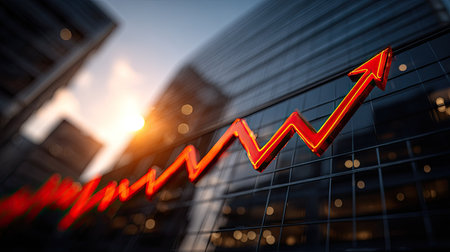 A vibrant red arrow graphic points upward, superimposed over a contemporary building facade. The image displays a stylized representation of growth. The composition uses depth of field and warm lighting to enhance its visual appeal. Suitable for financial, business, and economic-themed content.の素材