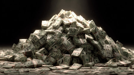 A large pile of money is displayed, comprised of many bundled US dollar bills. The composition is lit with dramatic overhead lighting. This studio shot showcases the currency's texture and value, suitable for illustrating wealth or financial concepts, applicable for commercial or editorial uses.の素材