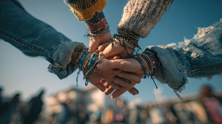 This image presents a close-up view of multiple hands clasped together, symbolizing teamwork and collaboration. The hands display various textures and colors, with visible bracelets. The composition uses a low-angle perspective. The scene appears outdoors, possibly during the day, with soft lighting. This image could be suitable for illustrating themes of unity or support.の素材