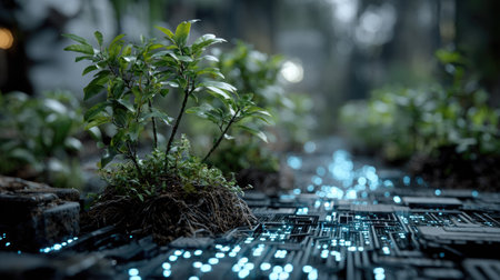 A small plant sprouts from a circuit board, symbolizing the convergence of nature and technology. The image showcases a lush green plant contrasting against a backdrop of electronic components. The composition, utilizing blurred backgrounds, implies an outdoor setting. Suitable for themes related to environmentalism and technology.の素材