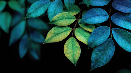 This image showcases a close-up of leaves in varying shades of green and blue, creating a visually striking contrast. The composition highlights the textures and details of the foliage. This image, with its elegant style, is ideal for use in various design projects and editorial content.の素材