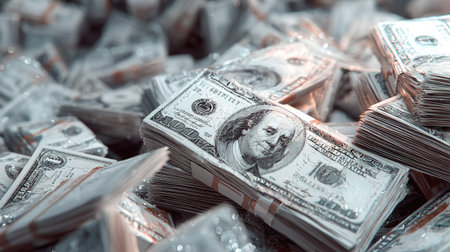 This image showcases stacks of United States currency, predominantly hundred-dollar bills. The composition highlights the detail of the bills, emphasizing the texture and design. The lighting appears soft, creating a sense of volume. Suitable for illustrating themes of finance, investment, or economic concepts in various media.の素材